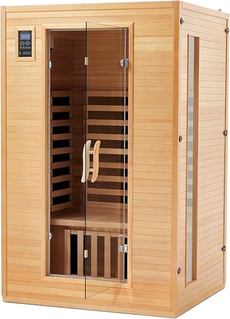 2024 Upgrade 2 Person Sauna, Low EMF 6 Heating Plate Infrared Physical Therapy Wooden Dry Steam Sauna with MP3 Auxiliary Connection, Dual Controls, Iron Shirt Wall Plate, Home Spa Day Use, Gift