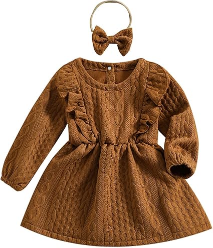 Baby Girl Knit Dress Long Sleeves Sweater Dress Toddler Fall Winter Outfits with Bowtie