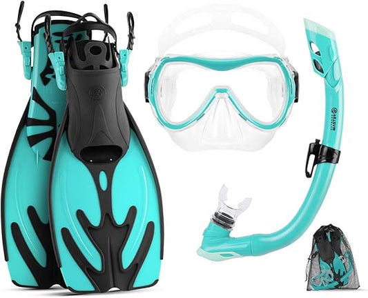 OutdoorMaster Marlin Kids Mask Fins Snorkel Set, Dry Top Snorkeling Gear with Adjustable Fins, Anti-Fog Snorkel Mask Set for Boys and Girls Age 6-16