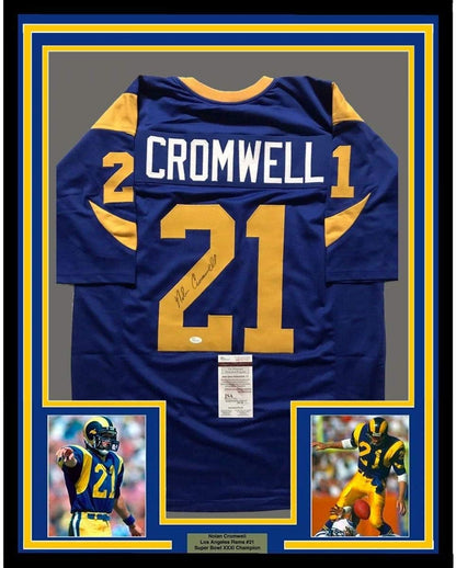 Framed Autographed/Signed Nolan Cromwell 35x39 Los Angeles LA Rams Blue Football Jersey JSA COA
