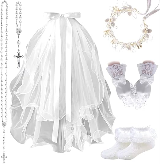 6 Pcs First Communion Veil Set - First Communion Veil for Girls, 1st Communion Veil Bow Veil, White Gloves and Socks Rosary Necklace Bracelet First Communion Hair Accessories for Girl Catholic