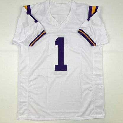 Autographed/Signed Ja'Marr Chase LSU White College Football Jersey Beckett BAS COA