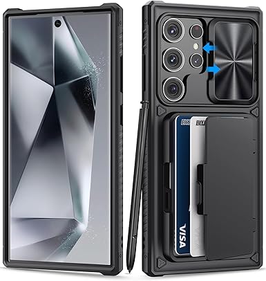 for Samsung Galaxy S24 Ultra Case Wallet, Built-in Card Holder (4-5 Cards) & Slide Camera Cover & Kickstand, Military Grade Protection, Rugged Silicone Case for Galaxy S24 Ultra 2024 Only, Black