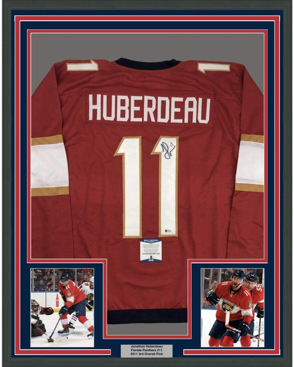 Framed Autographed/Signed Jonathan Huberdeau 35x39 Florida Red Hockey Jersey Beckett BAS COA