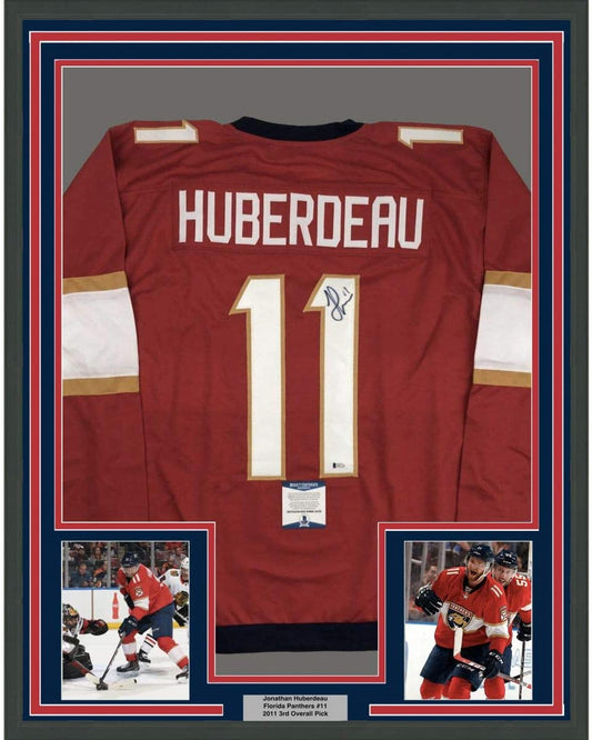 Framed Autographed/Signed Jonathan Huberdeau 35x39 Florida Red Hockey Jersey Beckett BAS COA