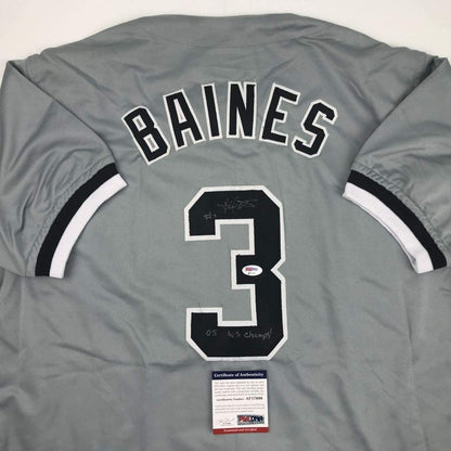 Autographed/Signed Harold Baines 05 WS Champs Chicago Grey Baseball Jersey PSA/DNA COA