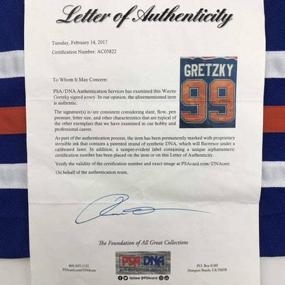 Autographed/Signed Wayne Gretzky Edmonton Blue Hockey Jersey PSA/DNA COA/LOA