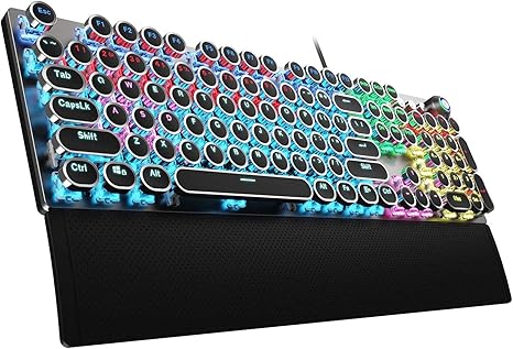 AULA F2088 Typewriter Style Mechanical Gaming Keyboard Blue Switches, Rainbow LED Backlit, Removable Wrist Rest, Media Control Knob, Retro Punk Round Keycaps, USB Wired Computer Keyboard