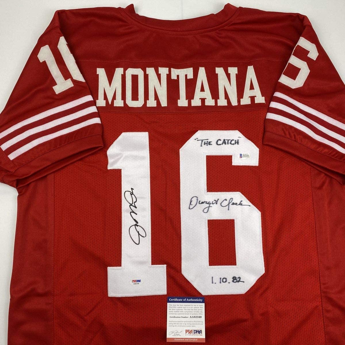 Autographed/Signed Joe Montana & Dwight Clark The Catch San Francisco Red Football Jersey PSA/DNA & Beckett BAS COA