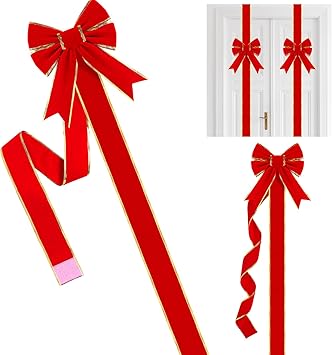 2 Pcs Christmas Cabinet Door Ribbon Bow Large Red Bow 8 x 80'' Linen Ribbon Bow with Gold Edge Festival Wrapping Front Door Decorations for Christmas Festive Party Supplies