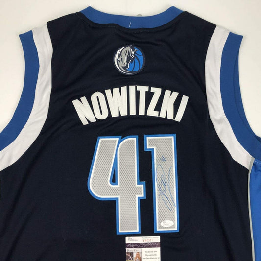 Autographed/Signed Dirk Nowitzki Dallas Dark Blue Basketball Jersey JSA COA