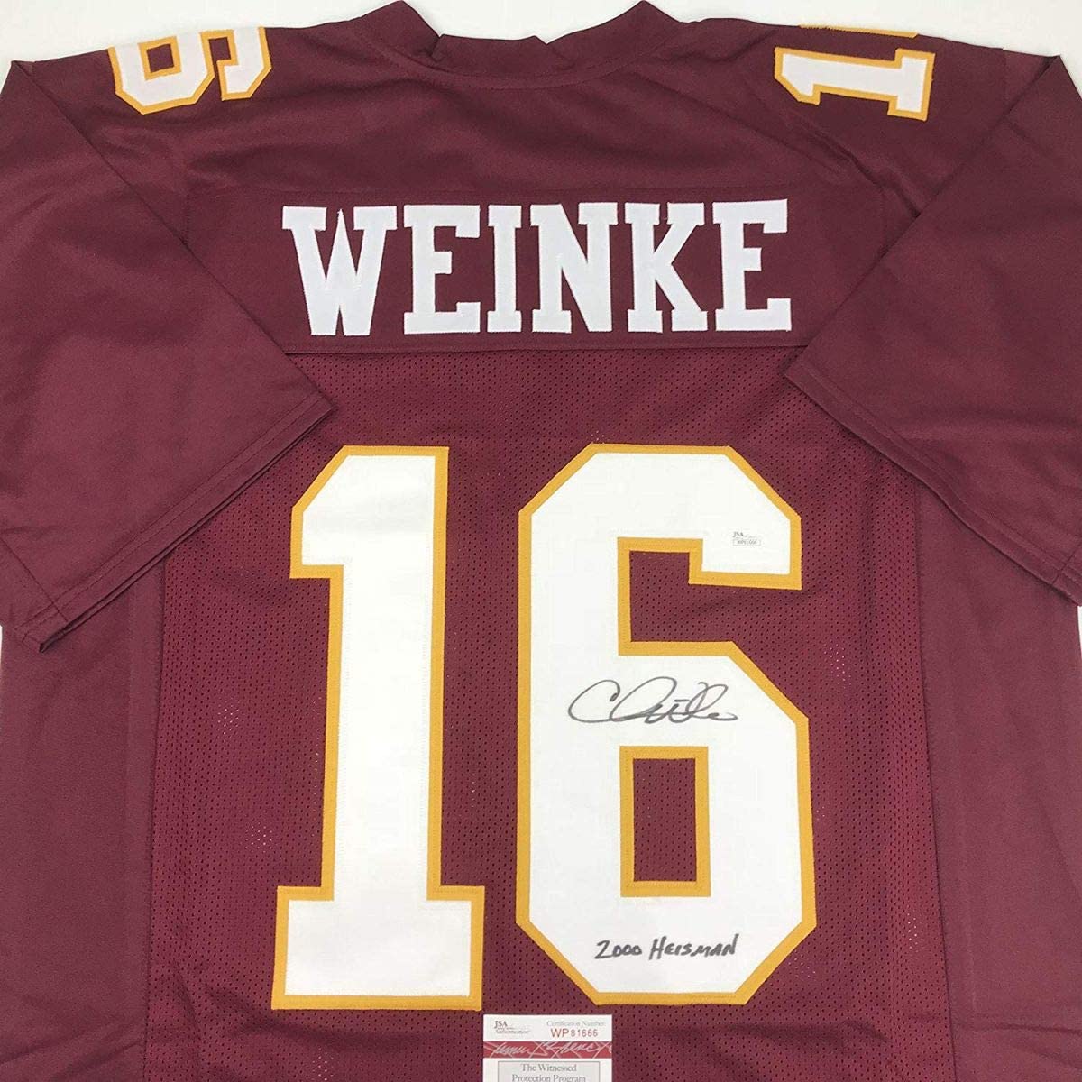 Autographed/Signed Chris Weinke 2000 Heisman  Florida State FSU Maroon Football Jersey JSA COA