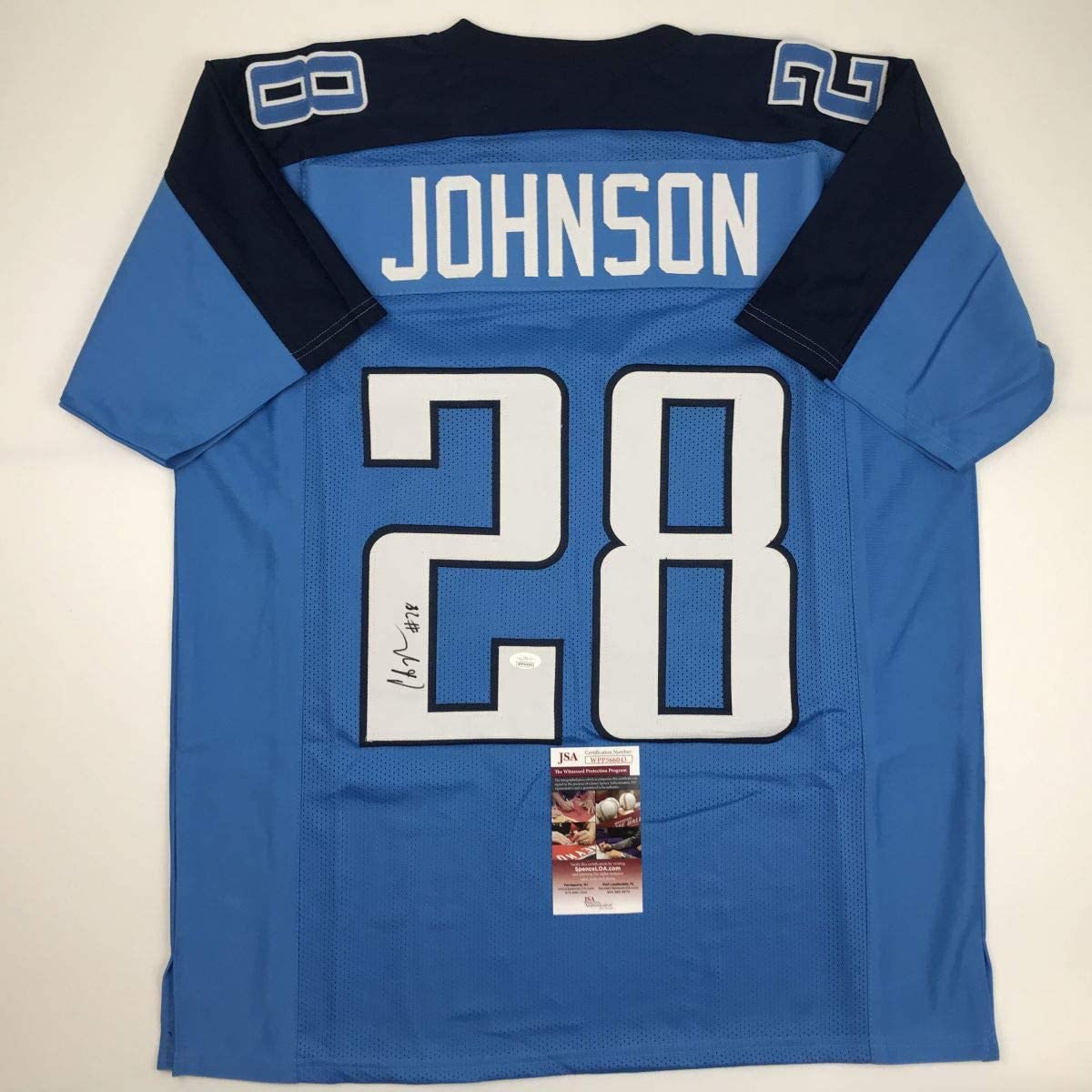 Autographed/Signed Chris Johnson Tennessee Powder Blue Football Jersey JSA COA