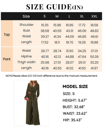 PRETTYGARDEN Women Tunic 2 Piece Sets Smocked Crop Top Wide Leg Pant Sets Dressy Jumpsuits For Work Business Office(Solid Army Green,Medium)