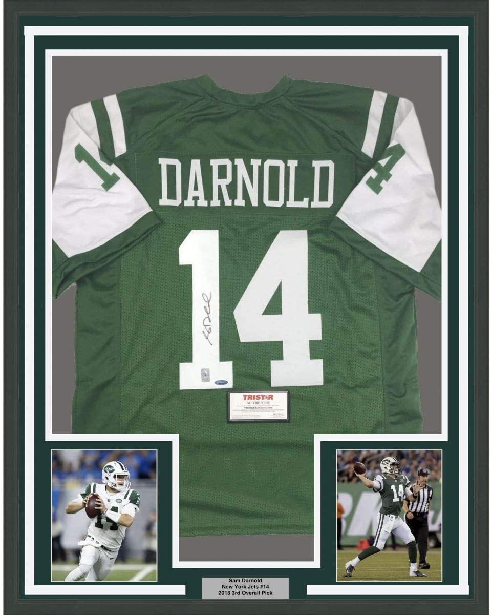 Framed Autographed/Signed Sam Darnold 35x39 New York Green Rookie Football Jersey Tristar COA