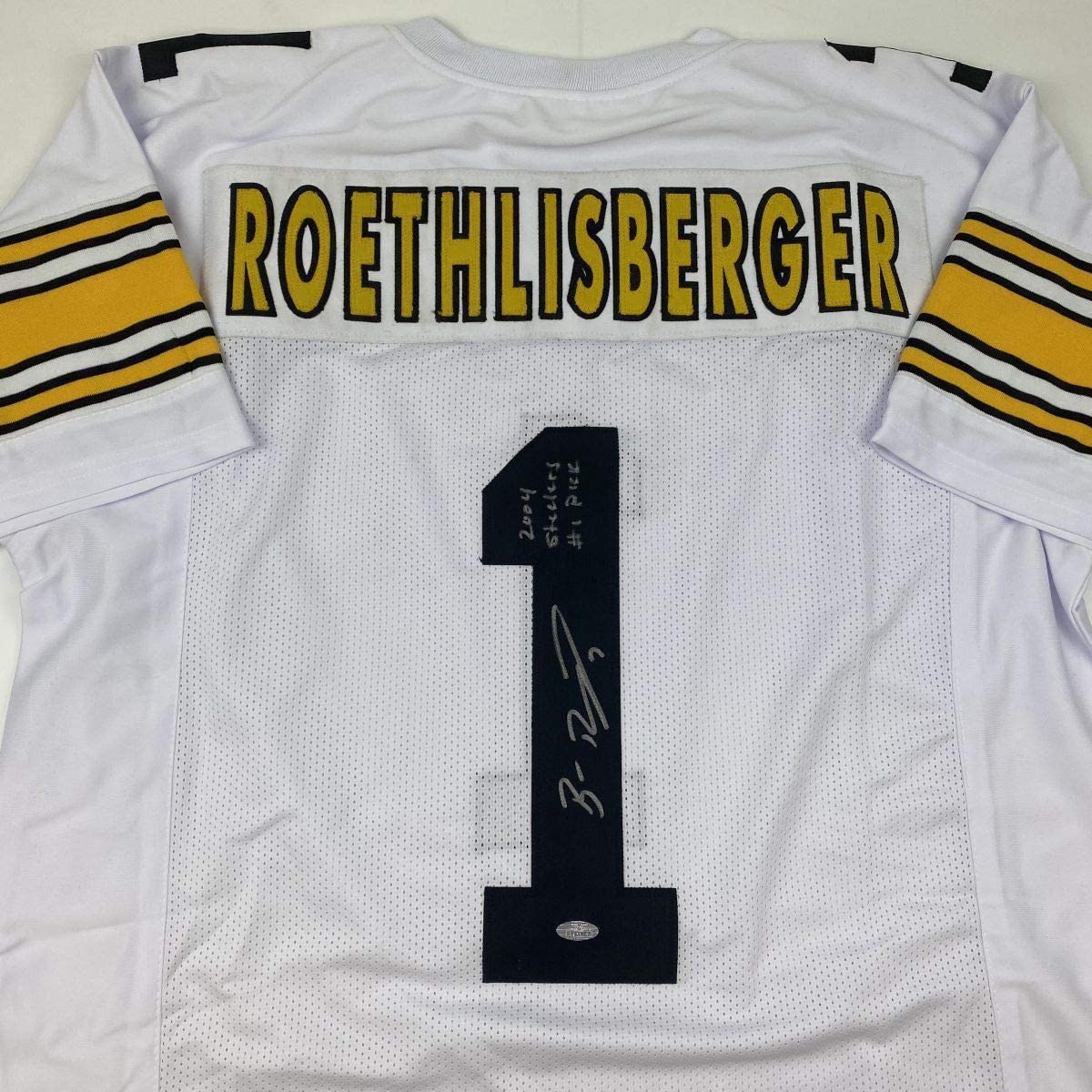 Autographed/Signed Ben Roethlisberger #1 Pittsburgh White Football Jersey Steiner Sports COA Holo Only