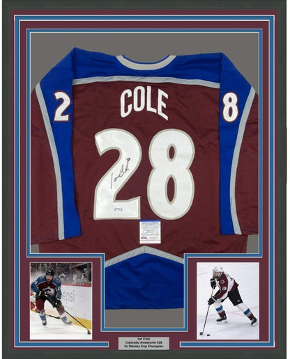 Framed Autographed/Signed Ian Cole 35x39 Colorado Maroon Hockey Jersey PSA/DNA COA