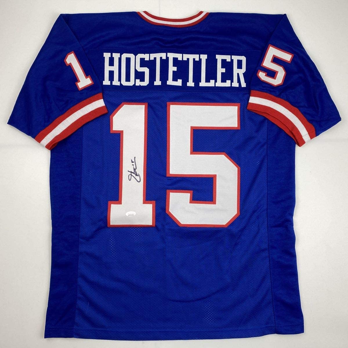 Autographed/Signed Jeff Hostetler New York Blue Football Jersey JSA COA