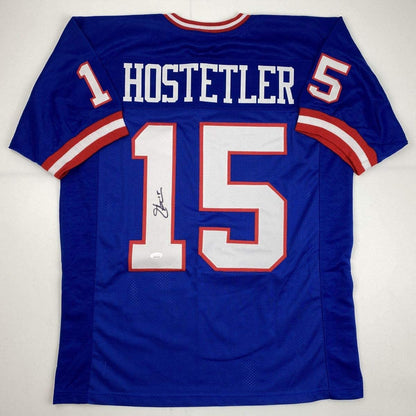 Autographed/Signed Jeff Hostetler New York Blue Football Jersey JSA COA