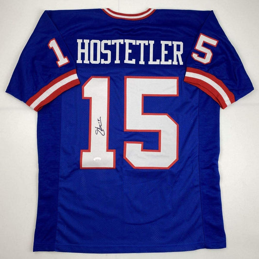 Autographed/Signed Jeff Hostetler New York Blue Football Jersey JSA COA