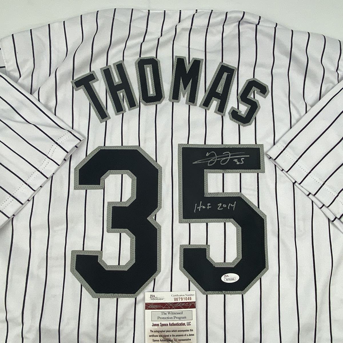 Autographed/Signed Frank Thomas HOF 2014 Chicago Pinstripe Baseball Jersey JSA COA