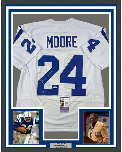 Framed Autographed/Signed Lenny Moore 35x39 HOF 75 Baltimore White Football Jersey JSA COA