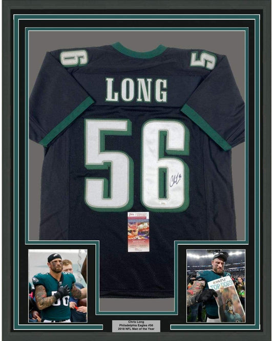 Framed Autographed/Signed Chris Long 35x39 Philadelphia Black Football Jersey JSA COA