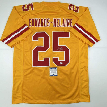 Autographed/Signed Clyde Edwards-Helaire Kansas City Yellow Football Jersey Beckett BAS COA