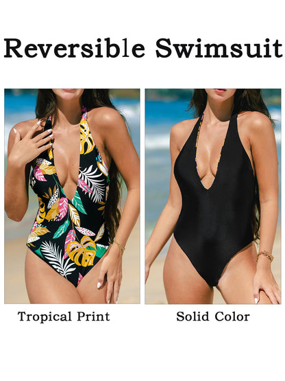 CUPSHE Women's One Piece Swimsuit Reversible Bathing Suit Halter Deep V Neck Swimwear M Black/Floral