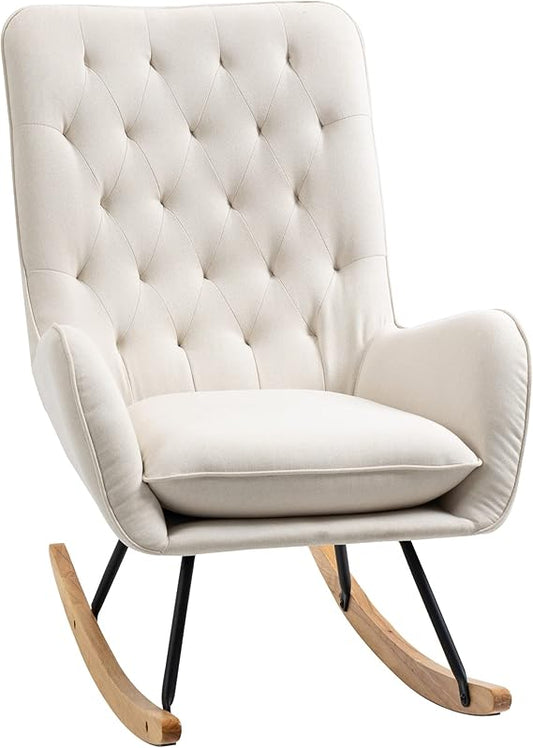 HOMCOM Mid-Century Fabric Rocking Chair Sofa Armchair Tufted Rocker Wingback Accent Chair with Padded Seat, Rubber Wood Base for Home Studio, Bedroom, Living Room, Cream White