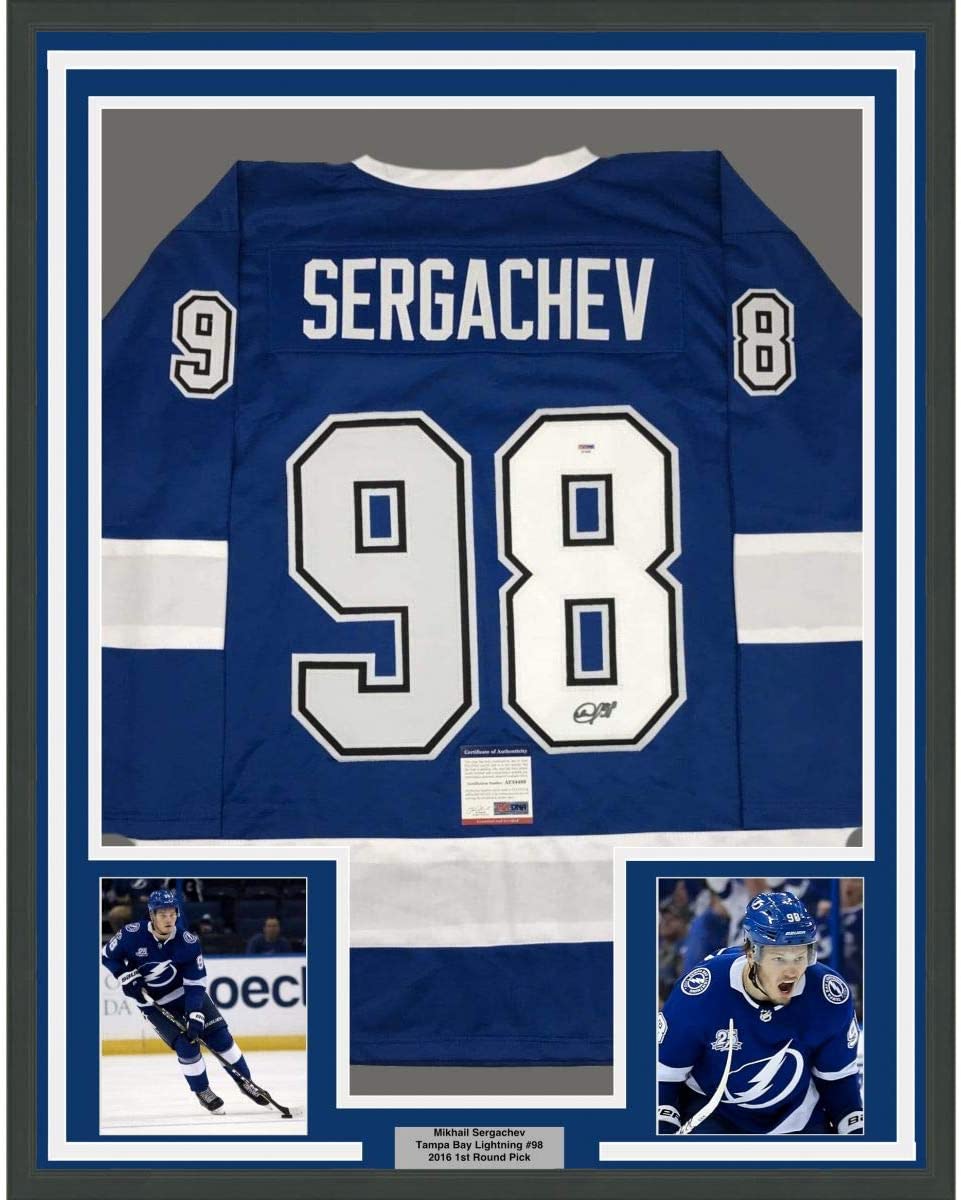 Framed Autographed/Signed Mikhail Sergachev 35x39 Tampa Bay Blue Hockey Jersey PSA/DNA COA