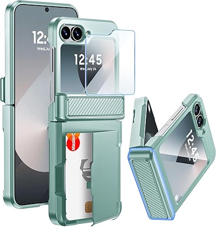for Samsung Galaxy Z Flip 6 Case Wallet Case, Flip Z 6 Case with Card Holder & Hinge Protection & Front Screen HD Protector, RFID Blocking Full Body Shockproof Cover for Z Flip 6-Mint Green