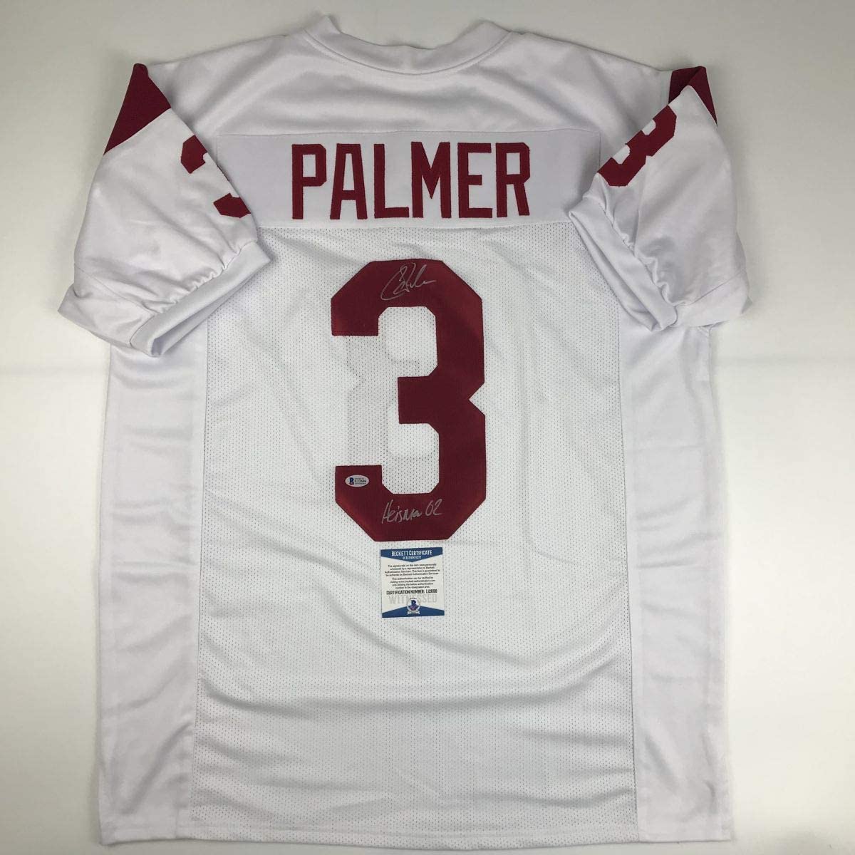 Autographed/Signed Carson Palmer Heisman 02 USC Southen Cal White College Football Jersey Beckett BAS COA