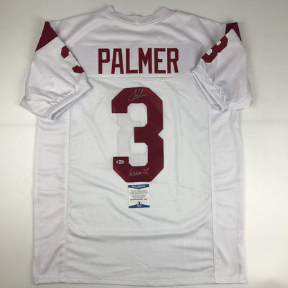 Autographed/Signed Carson Palmer Heisman 02 USC Southen Cal White College Football Jersey Beckett BAS COA