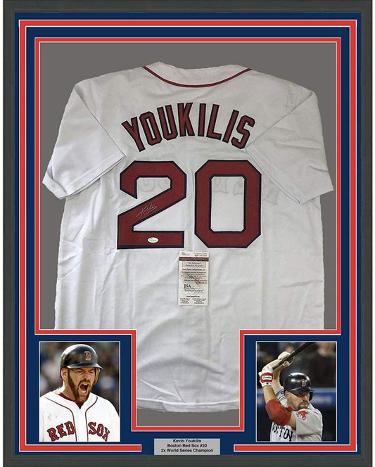 Framed Autographed/Signed Kevin Youkilis 35x39 Boston White Baseball Jersey JSA COA