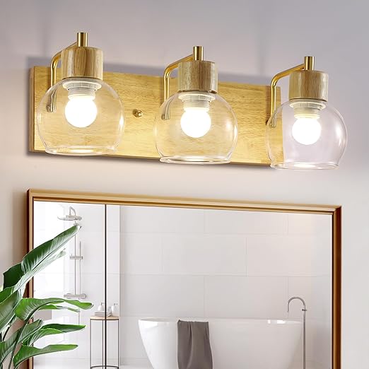 3 Light Bathroom Vanity Light Fixturesä_«Bathroom Lighting Fixture Over Mirror, Modern Farmhouse Wooden Wall Sconce, with Clear Glass Lampshadeä_«Suitable for Bedroom, Hallway, and Living Room