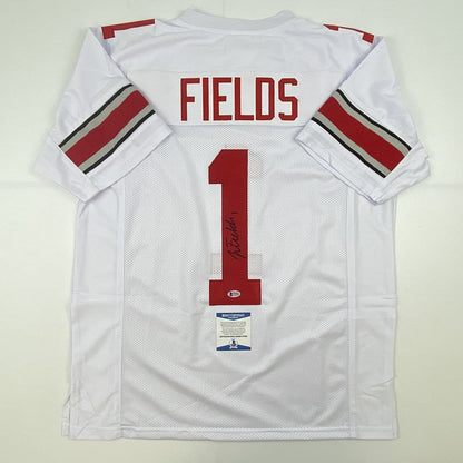 Autographed/Signed Justin Fields Ohio State White College Football Jersey Beckett BAS COA