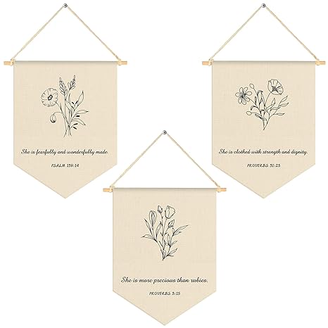 3 Pcs Nursery Scripture Bible Verse Christian Botanical Decor Canvas Hanging Pennant Flag Banner Floral Wall Signs for Bedroom Playroom Front Door Kids Baby Boy Girl Birthday Christmas Gift