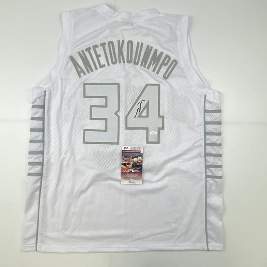Autographed/Signed Giannis Antetokounmpo Milwaukee White Ice Basketball Jersey JSA COA
