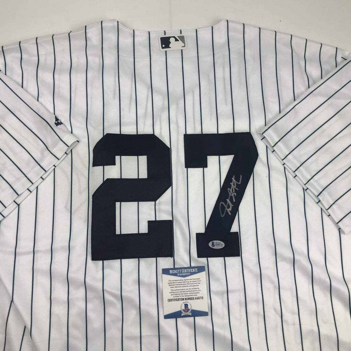 Autographed/Signed Giancarlo Stanton New York Pinstripe Baseball Jersey Beckett BAS COA