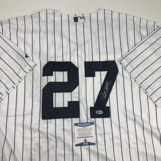 Autographed/Signed Giancarlo Stanton New York Pinstripe Baseball Jersey Beckett BAS COA