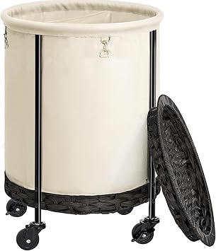 Greenstell Laundry Hamper with Lid, 33.5 Gal Large Laundry Basket with Wheels, Rolling Round Laundry Cart with Steel Frame and Removable Bag, 4 Casters and 2 Brakes, White