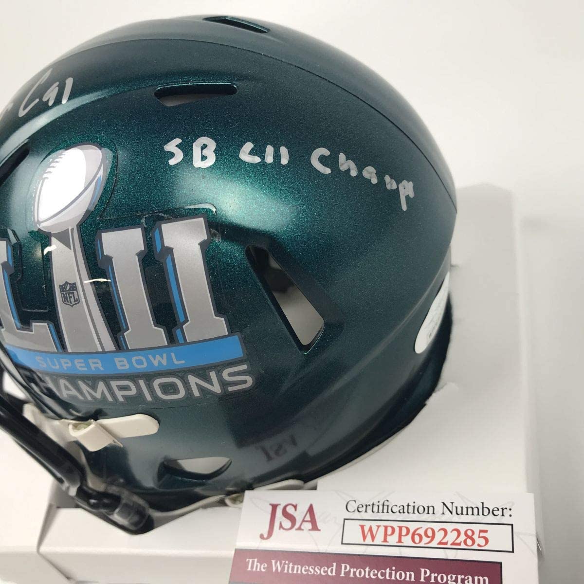 Autographed/Signed Fletcher Cox SB LII Champ Philadelphia Eagles Super Bowl 52 Mini Football Helmet JSA COA
