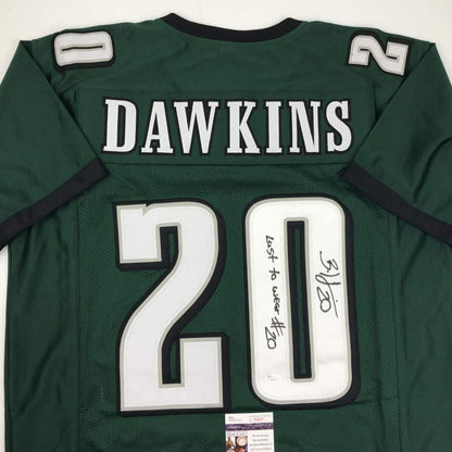 Autographed/Signed Brian Dawkins Inscribed Last To Wear #20 Philadelphia Green Football Jersey JSA COA