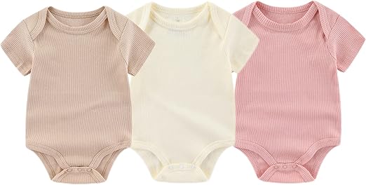 Chamie Newborn Boy Girl Bodysuit Infant Short Sleeve Jumpsuit Solid Ribbed Romper Outfits