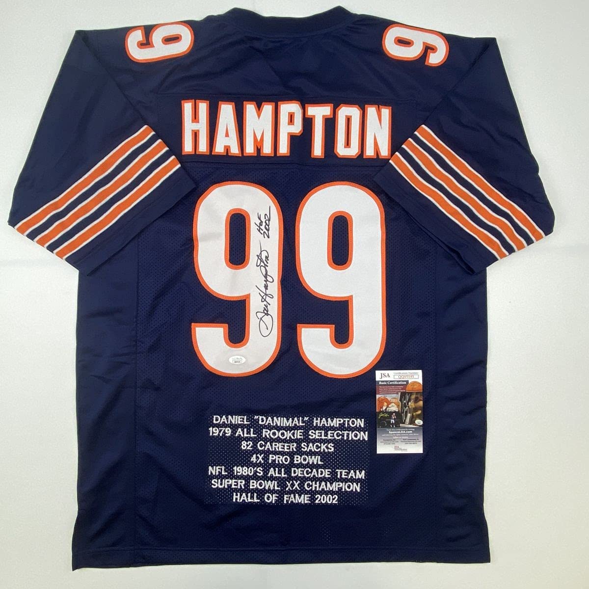 Autographed/Signed Dan Hampton HOF 2002 Chicago Blue Stat Football Jersey JSA COA