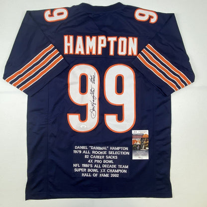 Autographed/Signed Dan Hampton HOF 2002 Chicago Blue Stat Football Jersey JSA COA