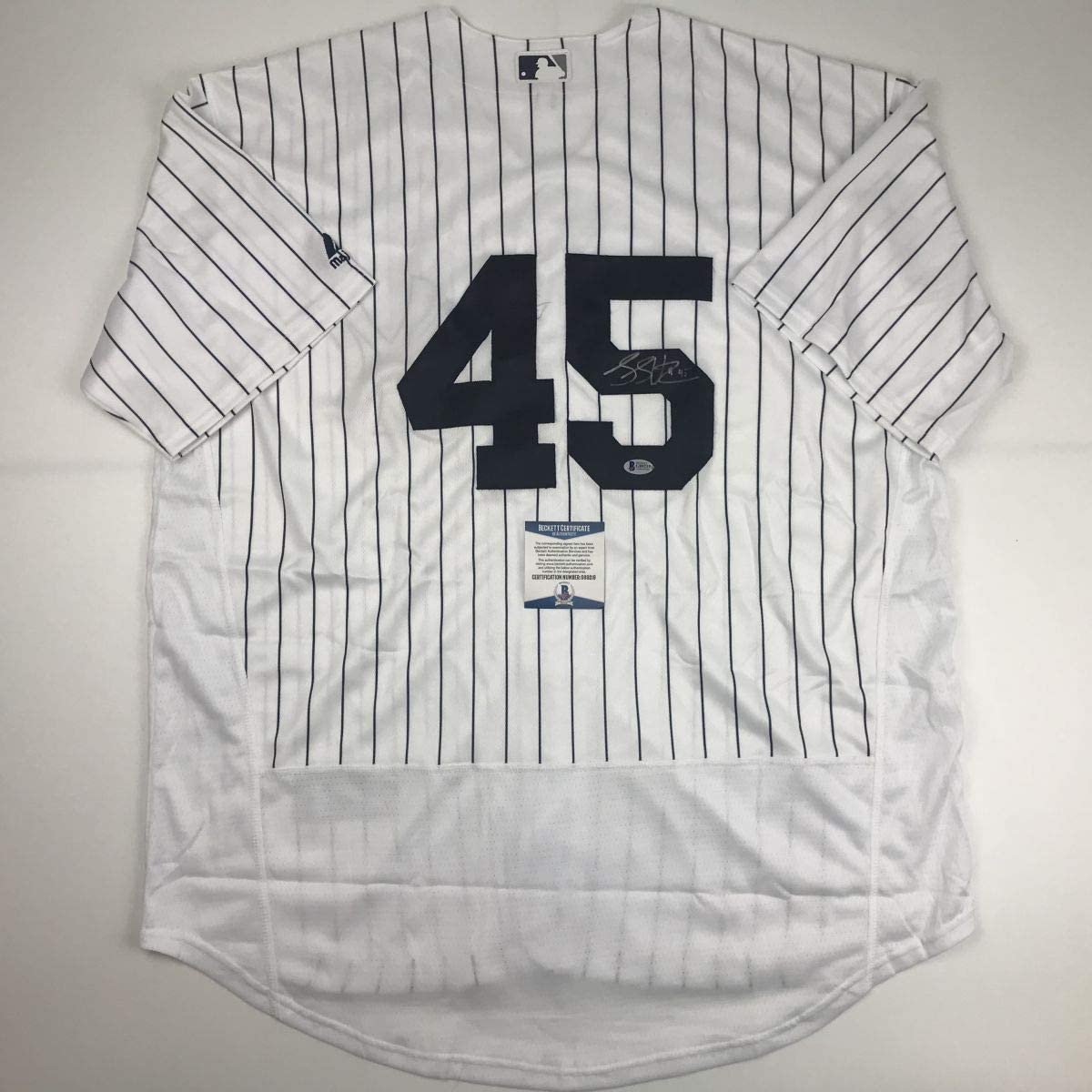 Autographed/Signed Luke Voit New York Pinstripe Baseball Jersey Beckett BAS COA