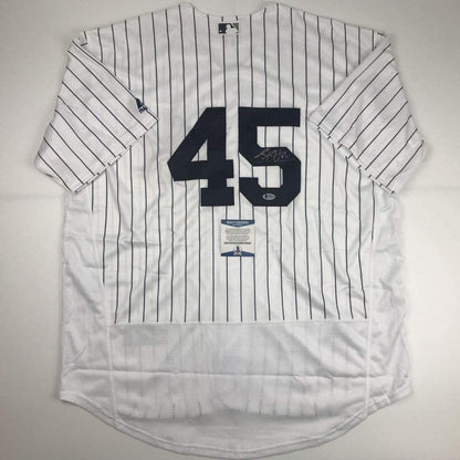 Autographed/Signed Luke Voit New York Pinstripe Baseball Jersey Beckett BAS COA