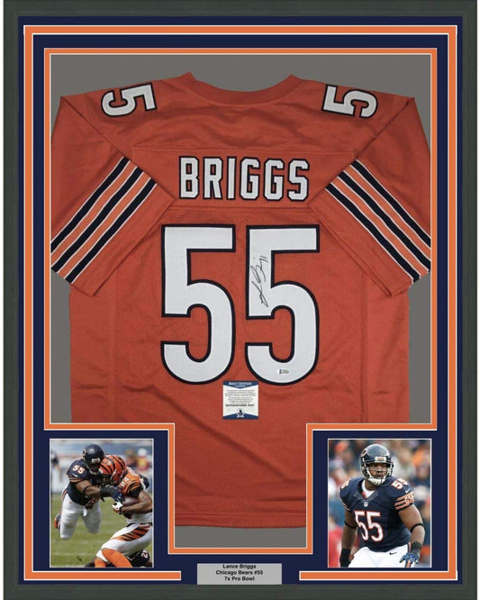 Framed Autographed/Signed Lance Briggs 35x39 Chicago Orange Football Jersey Beckett BAS COA